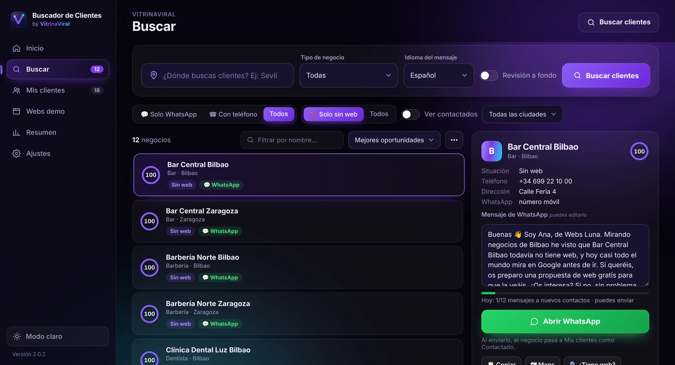Lista de negocios sin web con WhatsApp y su ficha con el mensaje listo