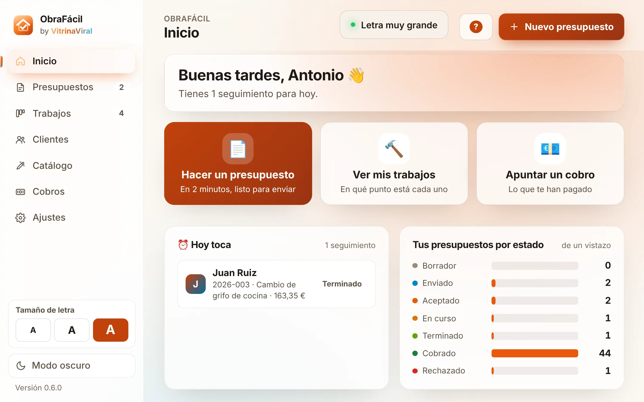 ObraFácil con la letra en tamaño muy grande